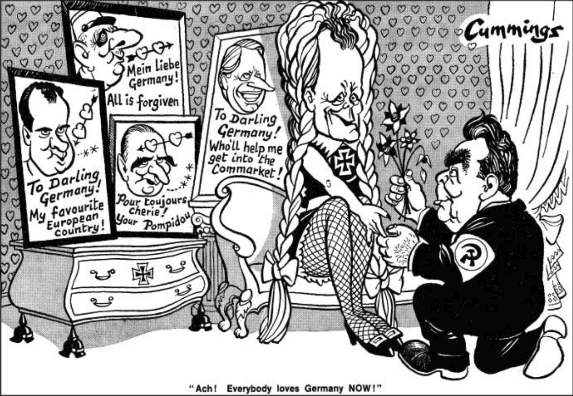 Karikatur: Deutschland als Frau mit Eisernem Kreuz, Männer kniend und Blumen reichend, Portraits mit Liebesbotschaften im Hintergrund.